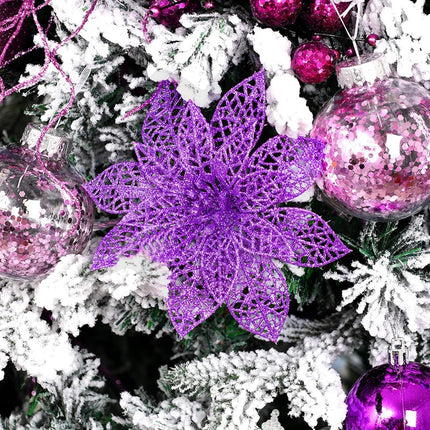 Wironlst 24 Pieces Glitter Poinsettia Flowers Christmas Tree Ornaments, Glitzy Poinsettia Bushes Christmas Decorations for Xmas/Holiday/Seasonal/Wedding (Purple)