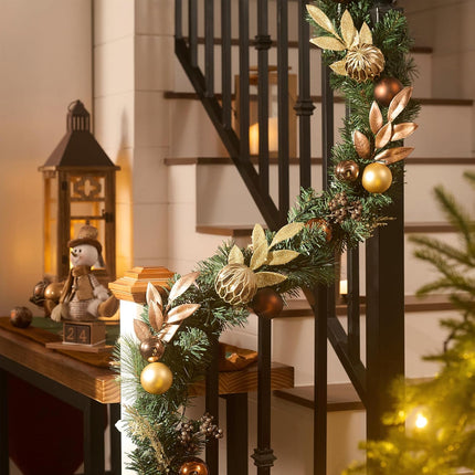 Valery Madelyn 6 ft Pre-Lit Christmas Garland with Light for Mantle, Lighted Battery Operated Xmas Garland with Bronze Copper Gold Ball for Front Door Fireplace Table Centerpiece Outdoor Window Decor