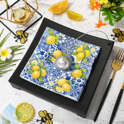 80Pcs Tiles Lemons Paper Napkins Blue Yellow Disposable Napkins Decorative Dinner Napkins Luncheon Napkins for Party Supplies Table Decor