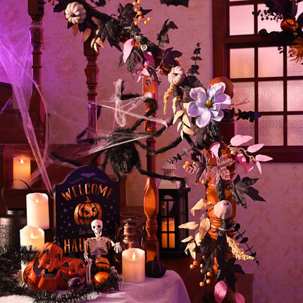Valery Madelyn Halloween Silk Flower Pumpkin Garland for Mantle with Lights, 6ft Falloween Garland Decorations Indoor for Fall Table Centerpiece Front Door Stair Autumn Party Holiday Home Decor