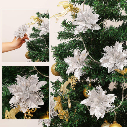GREENTIME 12 Pcs Glitter Poinsettia 5.5" Artificial Flowers Christmas with Clips Stems Xmas Tree Ornaments for Wedding Party Wreath Decoration (Silver)