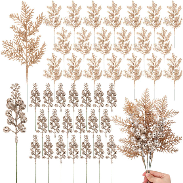 Cindeer 80 Pcs Christmas Glitter Berries Stems Pine Needles Christmas Artificial Picks Fake Floral Twig Spray for Xmas Tree Ornaments DIY Wreath Garland Decorations(Champagne Gold)