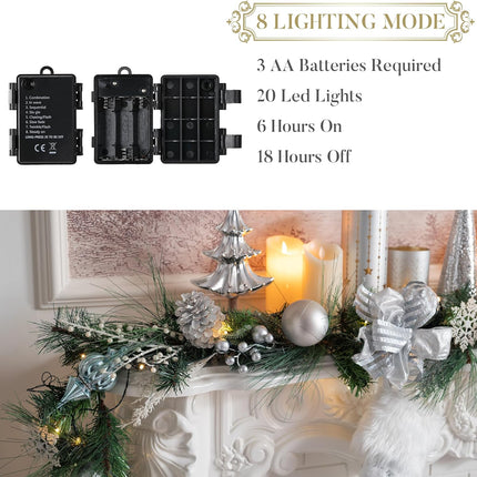 Valery Madelyn 9 feet Pre-Lit Christmas Garland with Lights for Mantle, Lighted Battery Operated Xmas Garland with Silver White Balls Ribbons for Front Door Fireplace Table Centerpiece Outdoor Decor