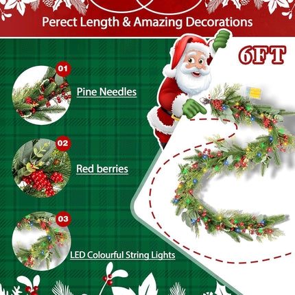 6FT Artificial Christmas Wreath with LED String Lights, Battery Operated, Berry/Eucalyptus Leaf/Pine Needle Green Wreath for Mantel Holiday Decorations Glow in The Dark Christmas Garland