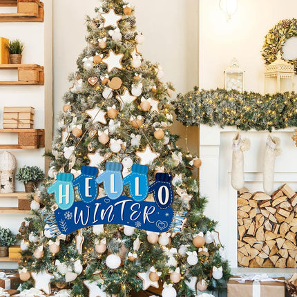 Christmas Hello Winter Gloves Hanging Sign Navy Blue Scarf Hello Winter Wooden Door Sign Hanging Plaque Rustic Wall Sign Wall Decor for Yard Indoor Outdoor Garden Decor with Rope