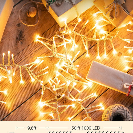 Minetom Christmas Lights Outdoor Cluster Lights - 1000 LED 50 Ft Christmas Firecrackers String Lights, 12 Modes Timer Waterproof Plug in Twinkle Fairy Light for Xmas Tree Garland Party, Warm White