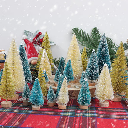 30PCS Artificial Frosted Sisal Mini Christmas Trees, Bottle Brush Trees with Wood Base Snow Frost Tree Artificial Winter Mini Pine for Christmas Decor Home Table Top Decoration and Crafts