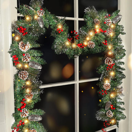 9FT Christmas Garland Decoration ，Battery Operated Lighted Garland with Pine Cones Red Berries Lush Branches，50 LED Lights 8 Modes，Christmas Decorations