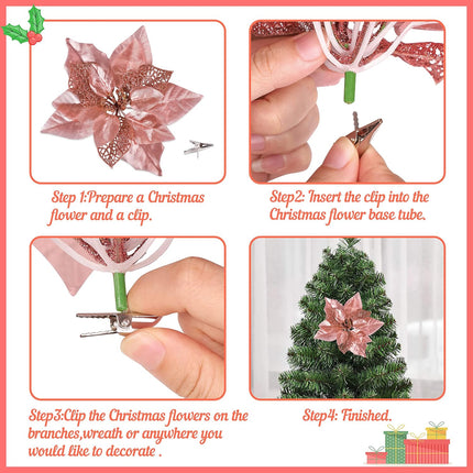 Geefuun 15PCS Christmas Tree Decorations Poinsettias Artificial Flowers Ornaments: Large Size 8.7” Xmas Glitter Flower with Clips Plus Stems (Rose Gold)