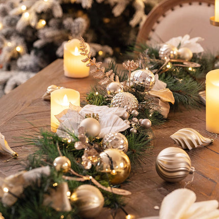 Valery Madelyn 9 feet Pre-Lit Christmas Garland with Lights for Mantle, Lighted Battery Operated Xmas Garland with White Gold Balls for Front Door Fireplace Table Centerpiece Outdoor Window Home Decor
