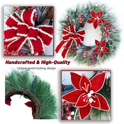 Christmas Wreath for Front Door, Large Winter Wreaths with Lights, Berries, Christmas Poinsettia and Velvet Bow, for Wall Windows Mantle Outdoor Christmas Decoration