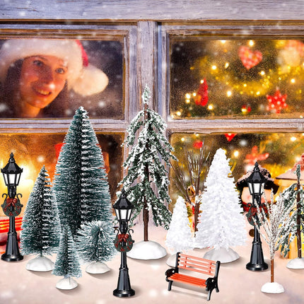 Aoriher 28 Pieces Christmas Mini Artificial Decor Village Tree Set 22 Frosted Christmas Pine Trees and Snow Covered Village Trees 4 Xmas Street Lamp Post and 2 Miniature Park Bench Seat for Christmas