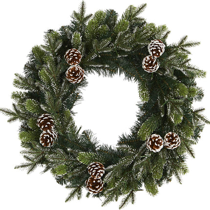 Nearly Natural 24in. Snowed Pinecone Artificial Christmas Wreath with 35 Clear LED Lights, Green, 5x24x24