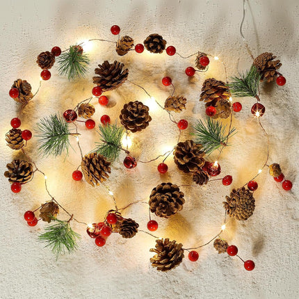 Christmas Garland with Lights, 6.6FT Pinecones Christmas String Lights with Red Berries, Bells & Needles, 20 LED Battery Operated Prelit Garland for Indoor/Outdoor Christmas Decorations (Warm White)