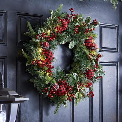 Glitzhome 24 Inch Prelit Christmas Wreath, Berry Holly Pine Wreath, Holiday Xmas Hanging Decoration for Front Door Porch