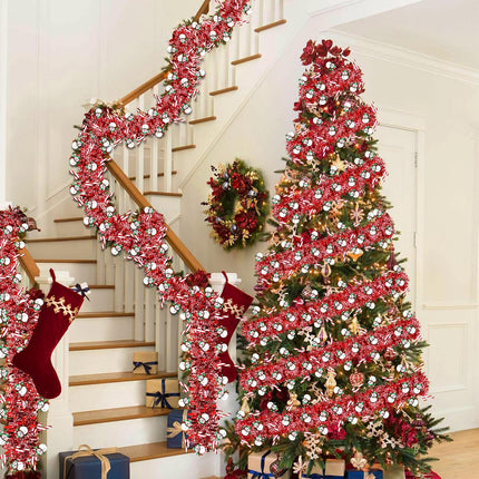 33 Ft Christmas Tinsel Garland Christmas Decorations with Snowman Candy Cane Red Metallic Christmas Garlands for Christmas Tree Decor Indoor Outdoor Christmas Party Decorations Home Mantle Fireplace