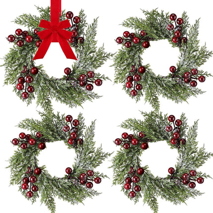 Christmas Candle Rings Mini Christmas Wreath Artificial Red Berries and Pinecones Pillars Candle Rings Kitchen Cabinets Small Wreaths Decor for Christmas Window Table Farmhouse Decoration(6 Pieces)