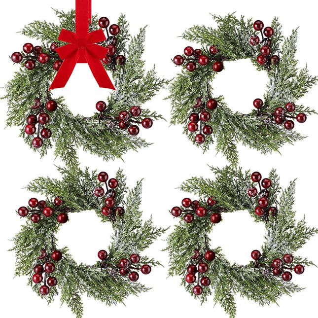 Christmas Candle Rings Mini Christmas Wreath Artificial Red Berries and Pinecones Pillars Candle Rings Kitchen Cabinets Small Wreaths Decor for Christmas Window Table Farmhouse Decoration(6 Pieces)