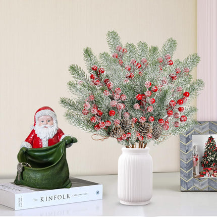 Sggvecsy 6 Pack Snow Frosted Christmas Berries Pine Picks Artificial Red Berry Pine Branches Faux Pine Stem with Pine Cones for Xmas Tree Wreath DIY Craft Floral Arrangement Holiday Decor (Red)