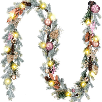 Decorbyhannah Christmas Garland with Lights, 9ft Prelit Christmas Garland Decorations with Ornaments, Pinecone and Butterfly, Battery Operated Christmas Garland Indoor for Mantle, Stairs(Pink Gold)