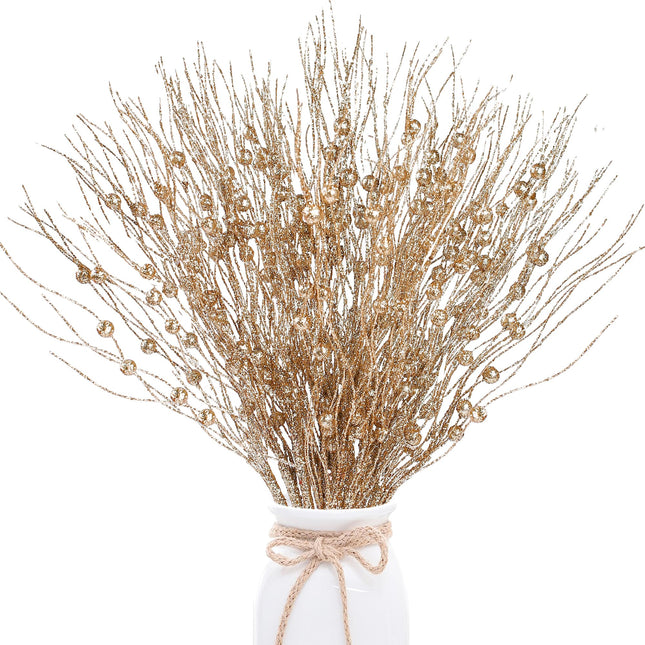 Sggvecsy 24 Pack Artificial Glitter Berry Stem Ornaments 17 Inches Fake Christmas Picks Decorative Glitter Sticks for Christmas Tree DIY Wreath Crafts Fireplace Holiday Home Decor (Champagne)