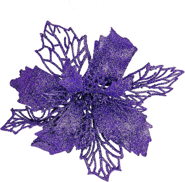 Zhenrui 12 pcs 6” Christmas Poinsettia Flower, Glitter Poinsettia Tree Ornaments, Purple Artificial Flower Decorating Wreath Garland, Great for Wedding Holiday and Home Decor, with Stems