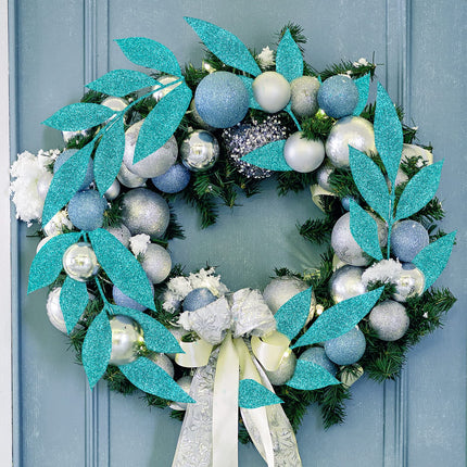Winlyn 40 Pcs Teal Glitter Bay Leaf Sprays Artificial Christmas Tree Picks Sprays 12.7" Tall for Teal Christmas Tree Winter Wreath Swag Floral Arrangement Vase Wedding Bouquet Centerpiece Decoration