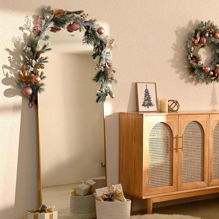 Decorbyhannah Christmas Garland with Lights, 6ft Prelit Christmas Garland Decorations with Ornaments, Pinecone and Butterfly, Battery Operated Christmas Garland Indoor for Mantle, Stairs(Pink Gold)