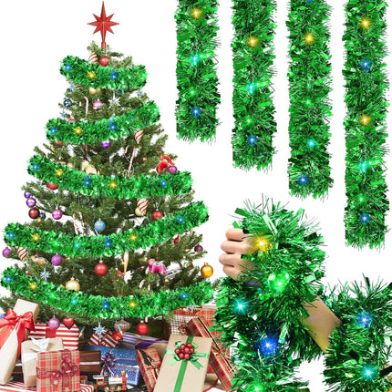 Jutom 99 ft Total 3 Pcs Christmas Pre Lighted Tinsel Garland Hanging Metal Twisted Wire Garland with LED Lights Battery Operated Christmas Garland for Christmas Tree Mantle Decoration (Green)