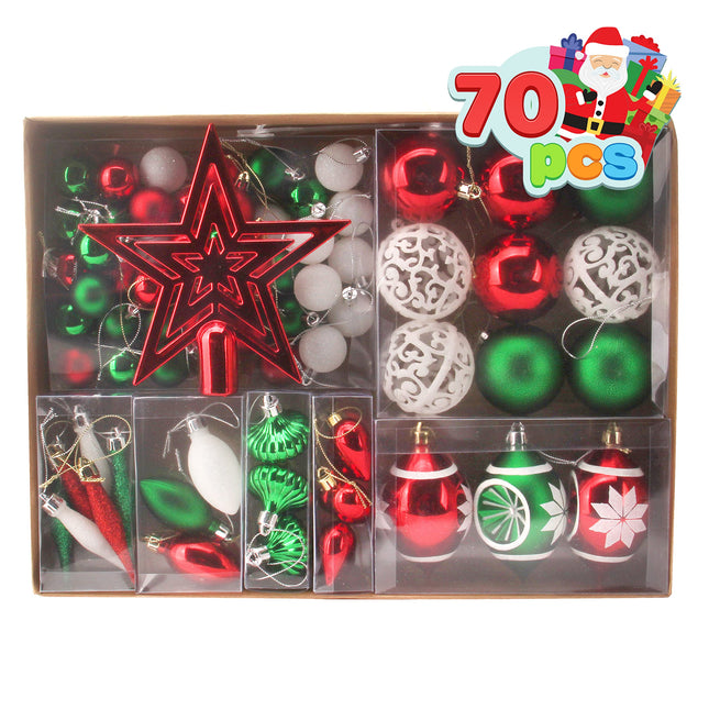 Joiedomi 70Pcs Assorted Christmas Ornaments Set with Ball Ornaments, Star Topper and Heart, Hanging Shatterproof Christmas Ornaments for Holidays and Xmas Tree Ornaments (Red, Green and White)