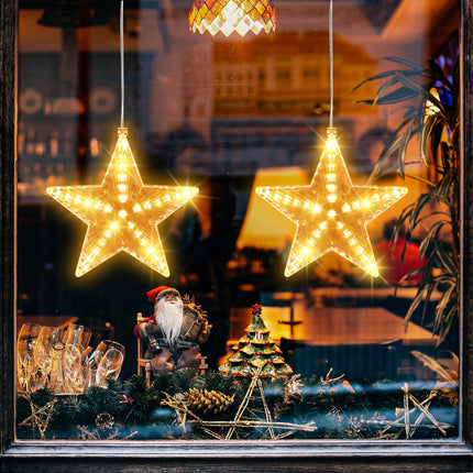 Lomotech Meteor Shower Star Window Lights with Suction Cup, Battery Operated 7.8 Inch Warm White Star Lights with Timer Function for Christmas Decorations (2 Pack)