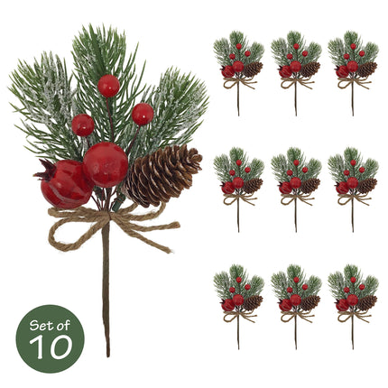 BANBERRY DESIGNS Christmas Decorating Picks - Set of 10 - Snow Flocked Pine Greenery with Pinecone & Red Berries - Xmas Holiday Accents for Wreath, Garland, s