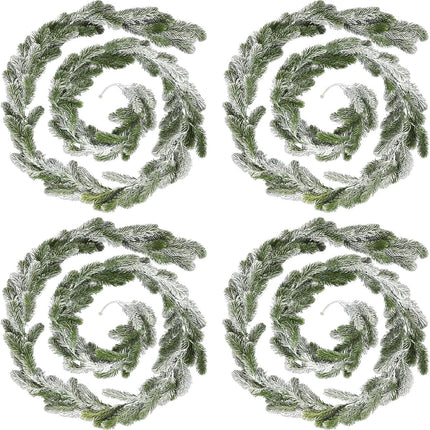 Lyrow 4 Pcs Christmas Garlands Pine Garland Artificial Winter Snowy Greenery Garland White Cedar Garland Faux Indoor Outdoor Pine Garland for Mantel Fireplace Stairway Xmas Decorations(4 Pcs,9 ft)