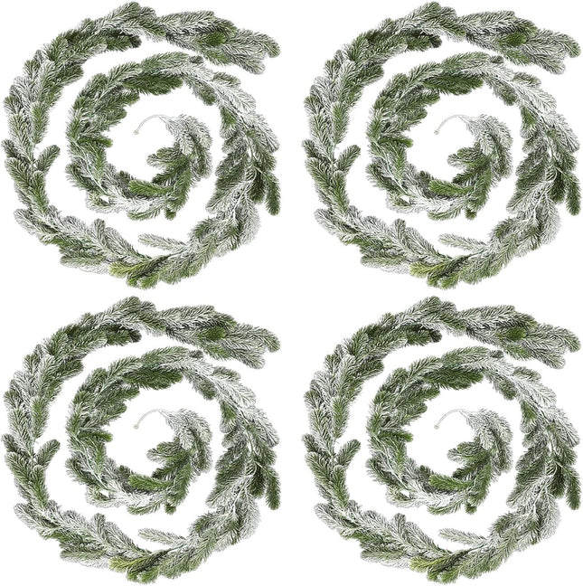 Lyrow 4 Pcs Christmas Garlands Pine Garland Artificial Winter Snowy Greenery Garland White Cedar Garland Faux Indoor Outdoor Pine Garland for Mantel Fireplace Stairway Xmas Decorations(4 Pcs,6 ft)