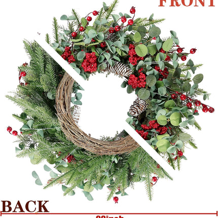 Sggvecsy 22 Inch Artificial Christmas Wreath for Front Door Xmas Red Berry Wreath with Pine Needles Pine Cones Eucalyptus Leaves Christmas Decorations for Winter Wall Outdoor Home Holiday Xmas Decor