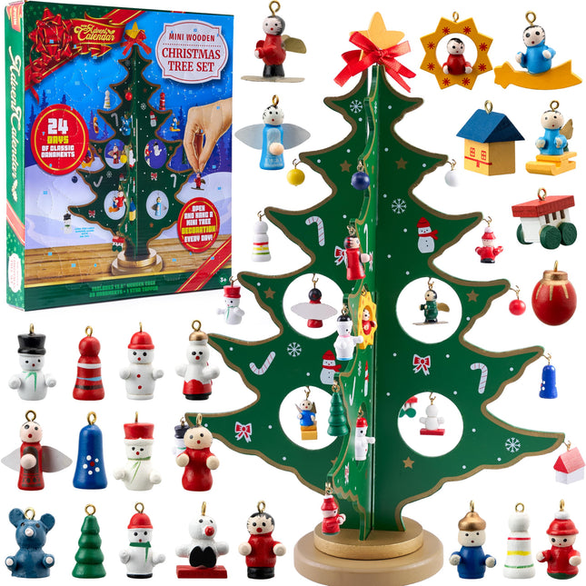 JOYIN Christmas 24 Days Countdown Advent Calendar with a Tabletop Wooden Christmas Tree and 28 Ornaments Snowman Santa Decorations for Boys, Girls and Kids Party Favors, Classroom Prizes, Xmas