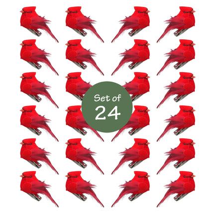 Cardinal Clip On Christmas Tree Ornaments - Bird Decorations - Red Body & Feathered Wings & Tail - Set of 24 - Each Bird is 2" Long - Wreath - Centerpiece - Crafts