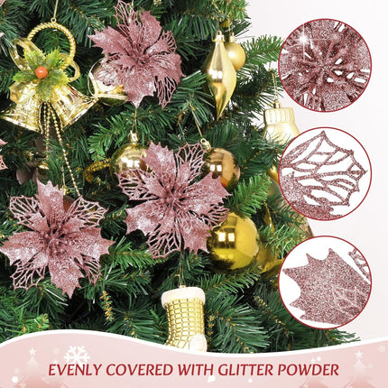 Waipfaru 24 Pcs Christmas Tree Decorations, Rose Gold Poinsettias Artificial Christmas Flowers, Pink Glitter Christmas Ornaments Picks for Christmas Tree Xmas Winter Wreath Garland Decor