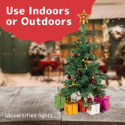 Prextex 23 Inch Tabletop Mini Christmas Tree Set with Warm-White LED Lights, Star Topper, Boxes and Ornaments - Small Christmas Tree for Desk or Table - Easy Setup Christmas Decorations