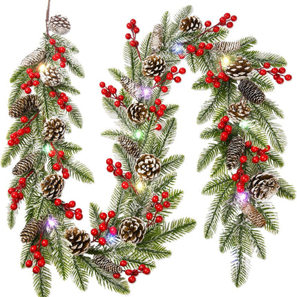6.8 FT Artificial Christmas Pine Garlands Decoration, Faux Real Touch Norfolk Pine Garland Christmas Greenery Garland with Red Berries Cedar for Mantle Fireplace Stairs Indoor Xmas Home Holiday Decor