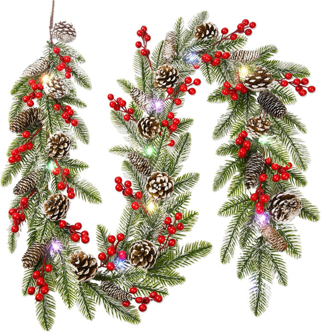 6.8 FT Artificial Christmas Pine Garlands Decoration, Faux Real Touch Norfolk Pine Garland Christmas Greenery Garland with Red Berries Cedar for Mantle Fireplace Stairs Indoor Xmas Home Holiday Decor