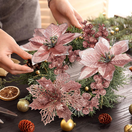 36 Pcs Christmas Poinsettia Flower 3 Styles Glitter Artificial Poinsettia Flowers Glitter Berries Stems Wedding Xmas Tree Flowers Ornaments for Christmas Party DIY Wreath Floral Decorations(Rose Gold)
