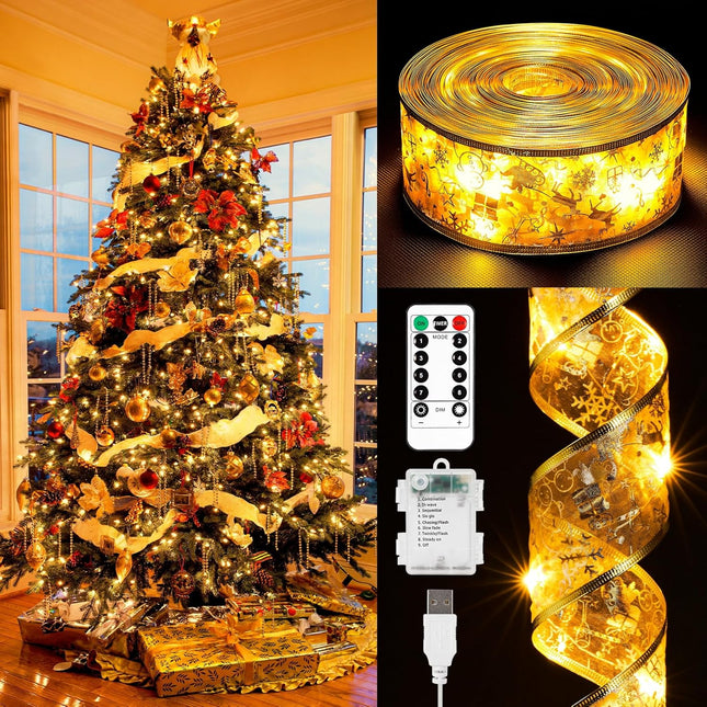 Christmas Decorations, 2.5Inch x 66Ft 200 Led Christmas Tree Ribbon Lights with 8 Lighting Modes, Battery Operated & USB Powered Fairy String Lights with Timer for Party Xmas Tree Decor