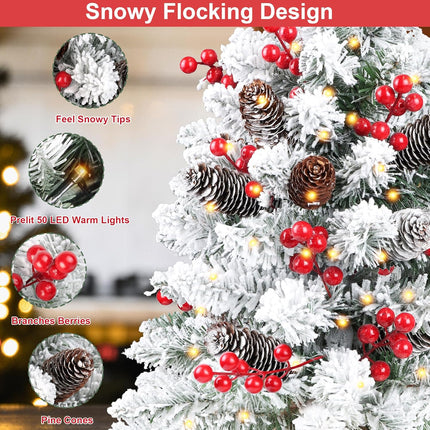 24 Inch Snow Flocked Pre-lit Christmas Tree Tabletop Decor with 50 Warm Lights Timer 8 Modes Battery Operated Artificial Small Christmas Tree 70 Red Berries Pinecones Christmas Decorations Home Indoor
