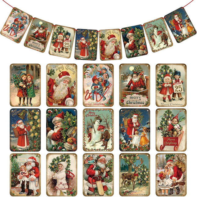 15 Pcs Christmas Vintage Style Hanging Banner Victorian Christmas Ornaments Garland Decorations with Red Ribbon Traditional Xmas Santa Bunting Decor for Home Office Party Fireplace Mantle
