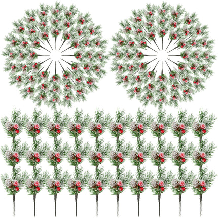 Red Berry Stems Pine Branches with Snow Artificial Christmas Picks Floral Pine Cones Faux Stems Spray Christmas Tree Picks Artificial Pine Branches Holly Pine Sprigs for Crafts (Fresh,96 Pcs)