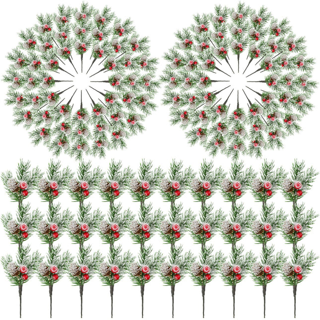 Red Berry Stems Pine Branches with Snow Artificial Christmas Picks Floral Pine Cones Faux Stems Spray Christmas Tree Picks Artificial Pine Branches Holly Pine Sprigs for Crafts (Fresh,96 Pcs)