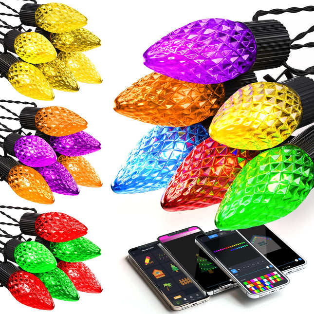 Smart C9 Christmas Lights Outdoor, 115FT 150 LEDs, APP Remote Controlled RGB String Lights with 80+ Modes Color Changing Dimmable Extendable Waterproof Strawberry String Light for Patio Xmas Decor