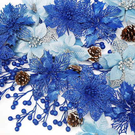 Hommtina 56 Pcs Christmas Decorations, 4 Styles Poinsettias Artificial Christmas Flowers Glitter Berries Stems Ornaments Tree with Pine Cones & Stems for Xmas Wedding DIY Wreath Floral Party (Blue)