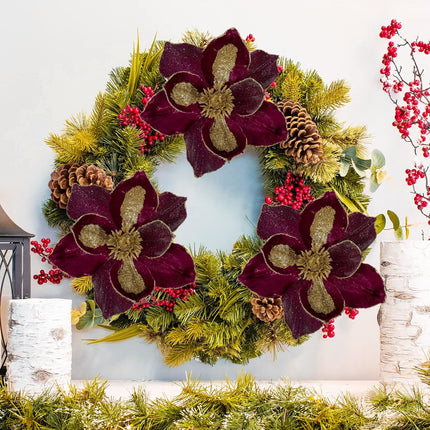 10’’ Large Heads Christmas Glitter Magnolia Flowers Christmas Tree Ornaments Set of 3 Artificial Flowers with Picks Stems for Xmas Tree Holiday Decorations, Burgundy
